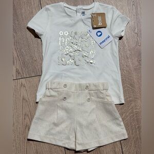 Mayoral Cream Floral Tee and Buttoned Shorts Set